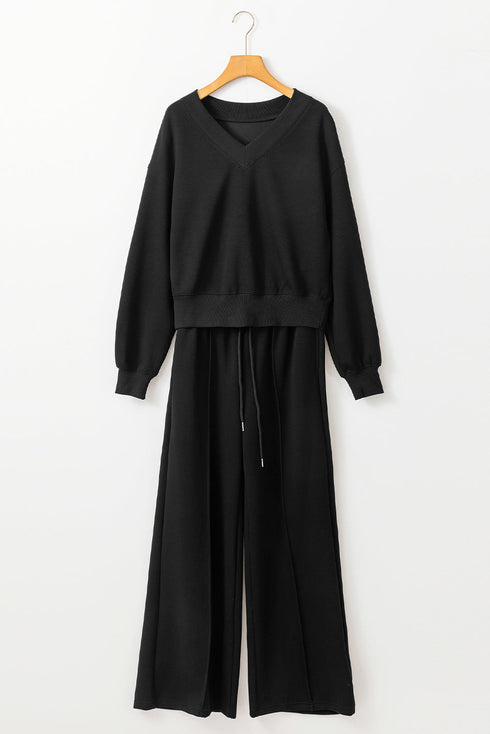 Relaxed V Neck Wide Leg Two Piece Set