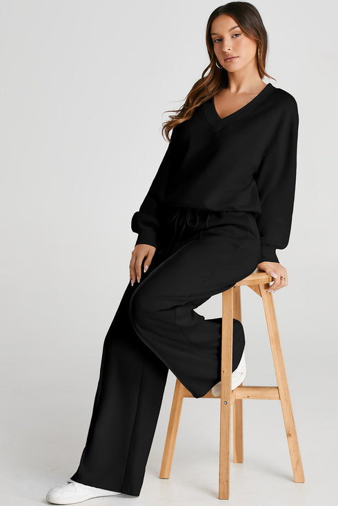 Relaxed V Neck Wide Leg Two Piece Set