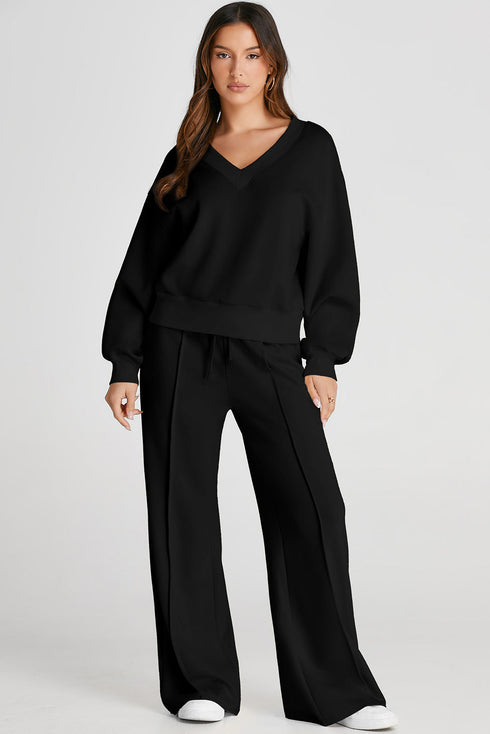Relaxed V Neck Wide Leg Two Piece Set
