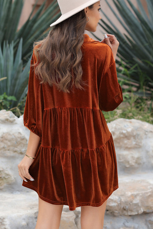 Relaxed Velvet Button Front Tiered Babydoll Dress