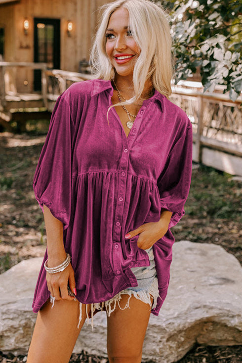 Relaxed Velvet Button Front Tiered Babydoll Dress