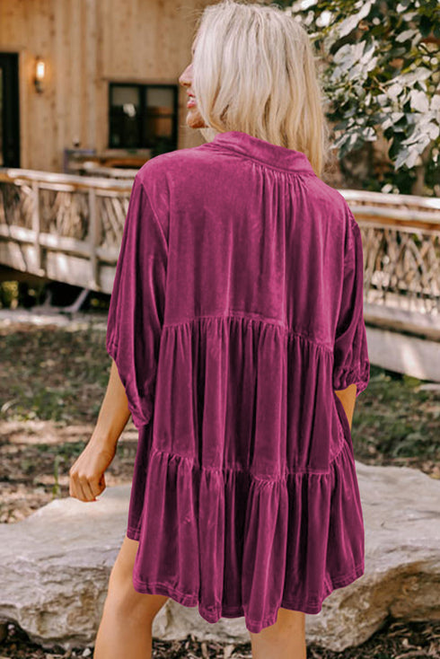 Relaxed Velvet Button Front Tiered Babydoll Dress
