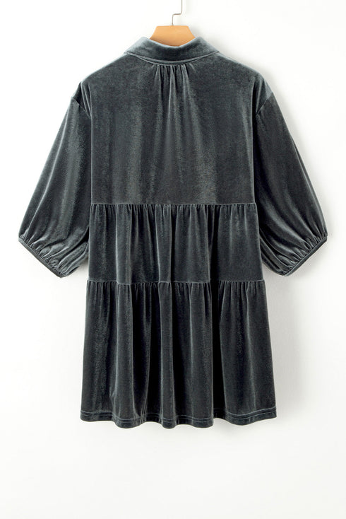 Relaxed Velvet Button Front Tiered Babydoll Dress