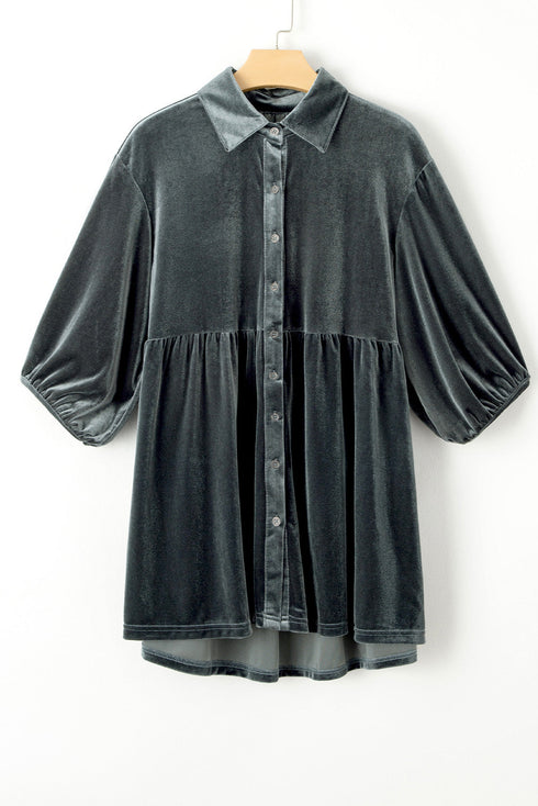 Relaxed Velvet Button Front Tiered Babydoll Dress