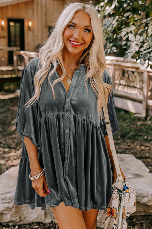 Relaxed Velvet Button Front Tiered Babydoll Dress