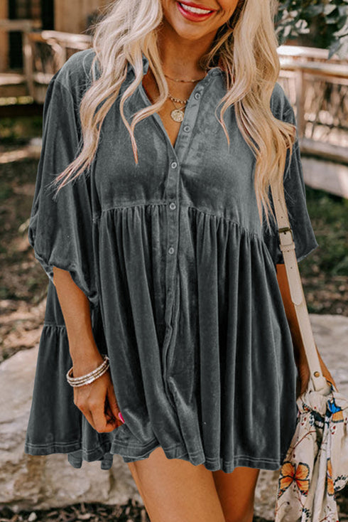Relaxed Velvet Button Front Tiered Babydoll Dress