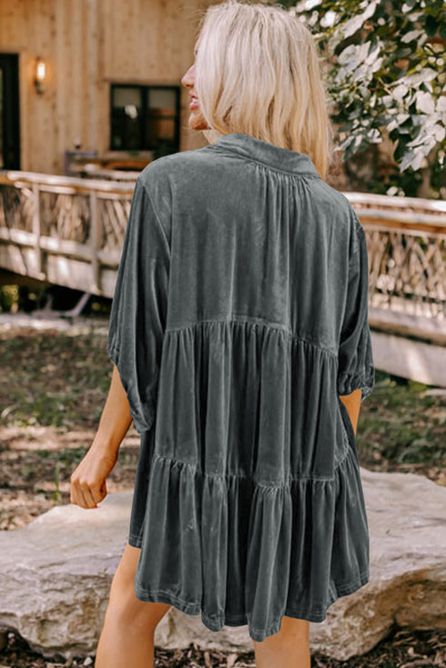 Relaxed Velvet Button Front Tiered Babydoll Dress
