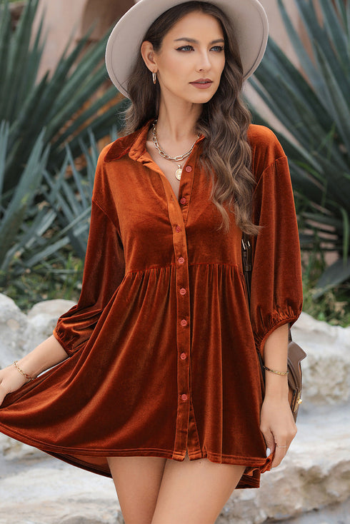Relaxed Velvet Button Front Tiered Babydoll Dress