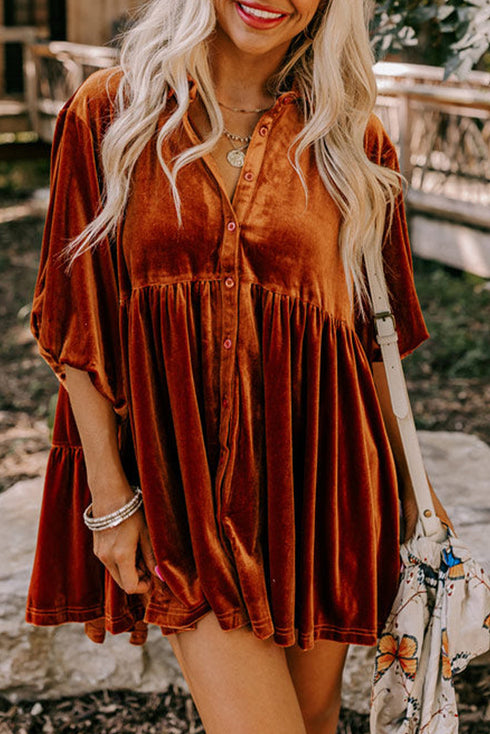 Relaxed Velvet Button Front Tiered Babydoll Dress