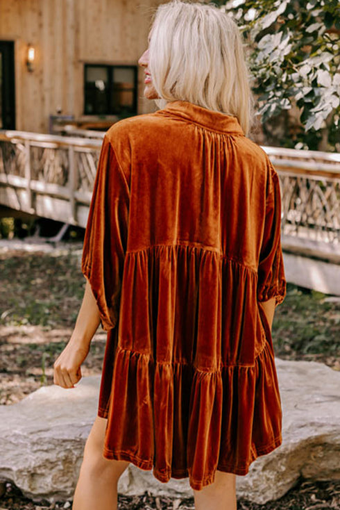 Relaxed Velvet Button Front Tiered Babydoll Dress