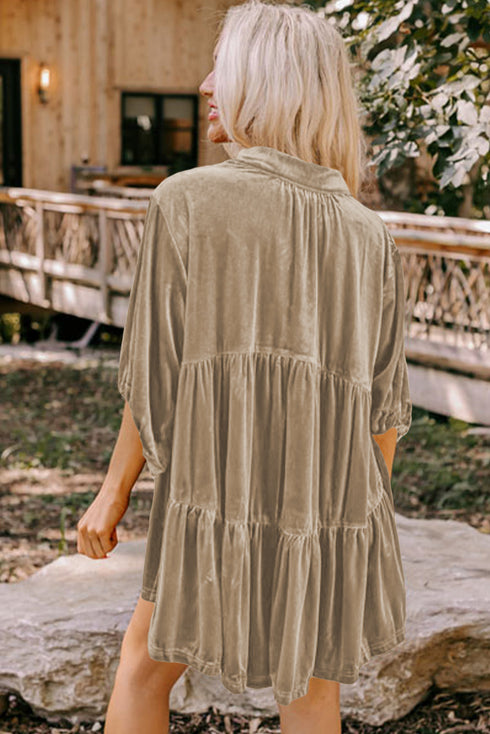 Relaxed Velvet Button Front Tiered Babydoll Dress