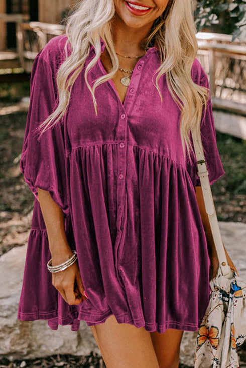 Relaxed Velvet Button Front Tiered Babydoll Dress