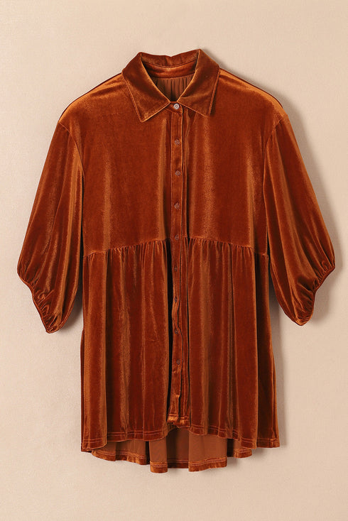 Relaxed Velvet Button Front Tiered Babydoll Dress