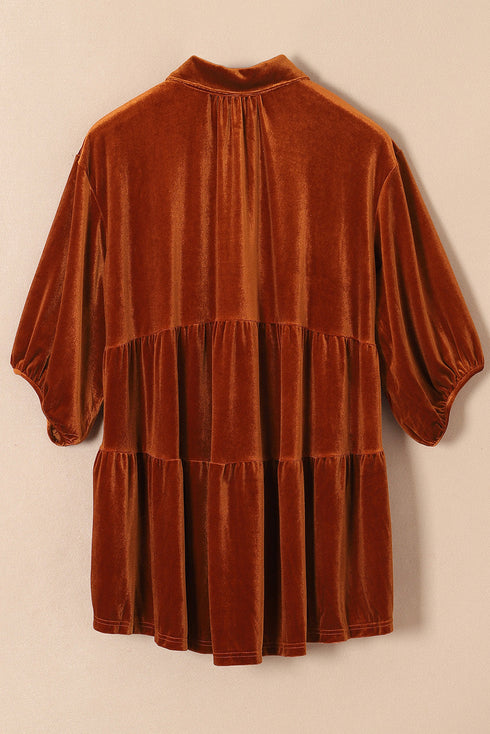 Relaxed Velvet Button Front Tiered Babydoll Dress