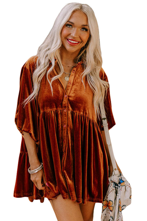 Relaxed Velvet Button Front Tiered Babydoll Dress