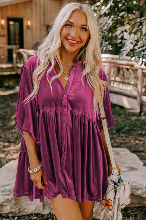 Relaxed Velvet Button Front Tiered Babydoll Dress