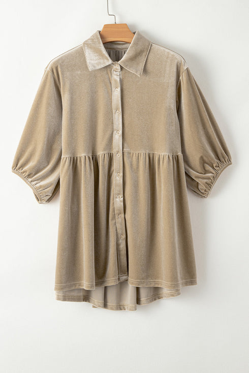 Relaxed Velvet Button Front Tiered Babydoll Dress
