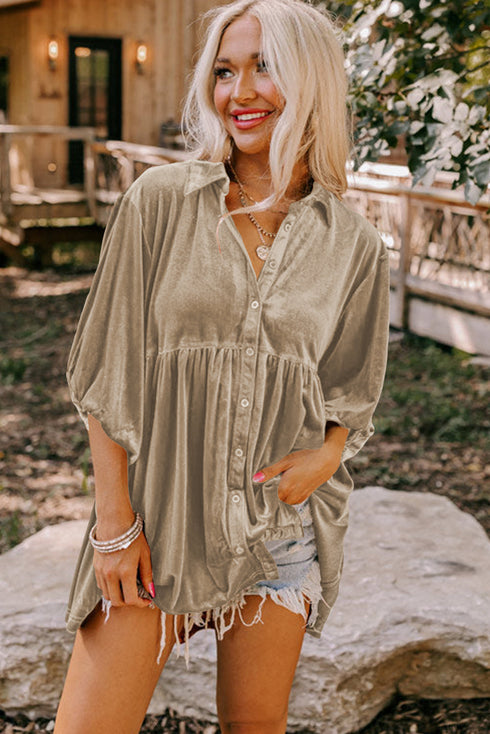 Relaxed Velvet Button Front Tiered Babydoll Dress