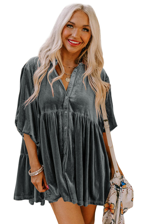 Relaxed Velvet Button Front Tiered Babydoll Dress