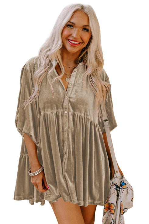 Relaxed Velvet Button Front Tiered Babydoll Dress