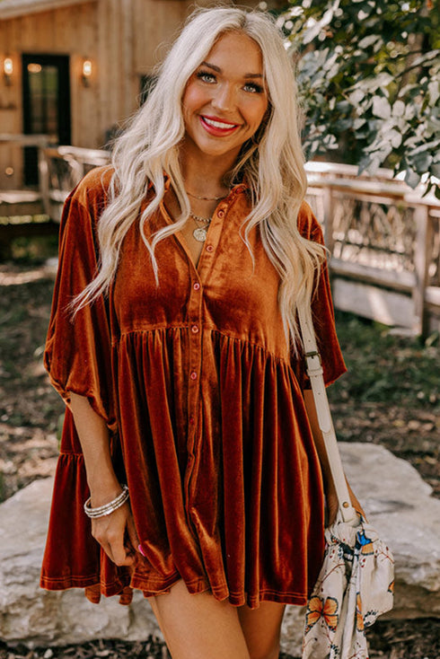 Relaxed Velvet Button Front Tiered Babydoll Dress