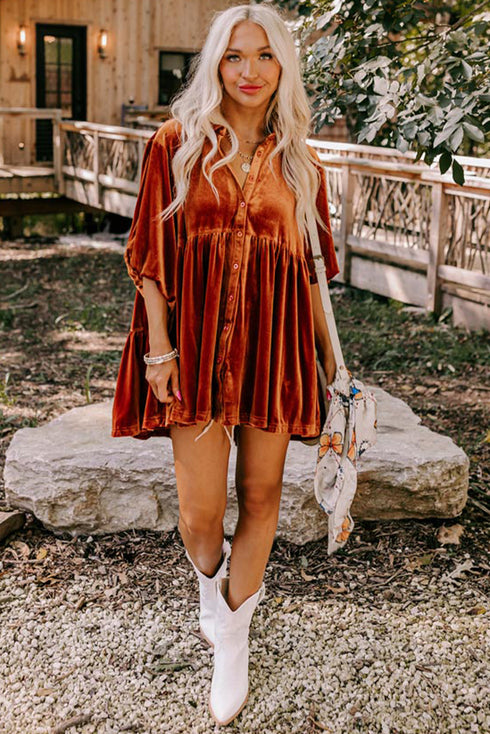 Relaxed Velvet Button Front Tiered Babydoll Dress