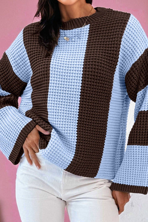 Relaxed Waffle Knit Block Stripe Pullover Sweater
