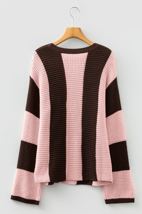 Relaxed Waffle Knit Block Stripe Pullover Sweater