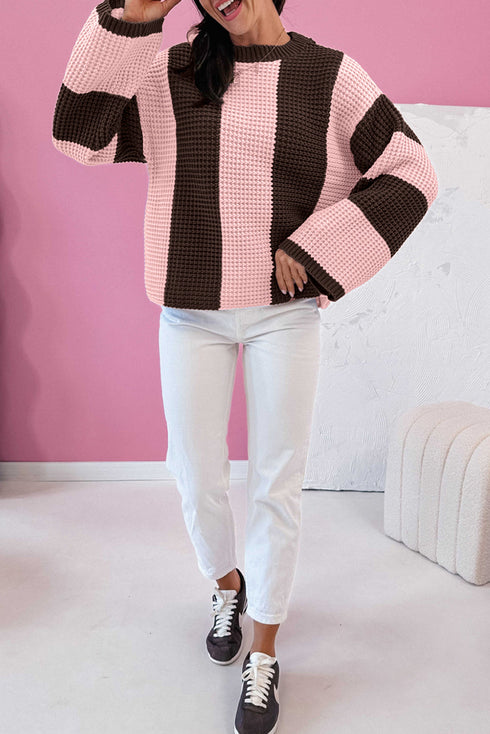Relaxed Waffle Knit Block Stripe Pullover Sweater