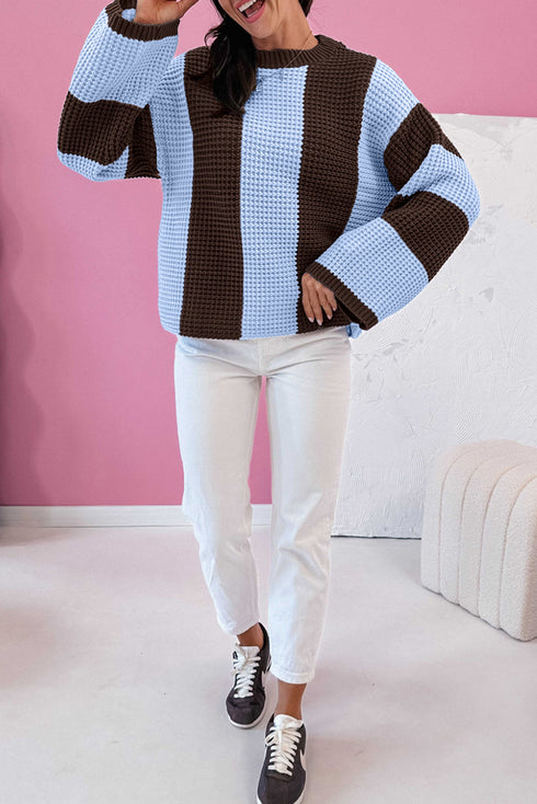 Relaxed Waffle Knit Block Stripe Pullover Sweater