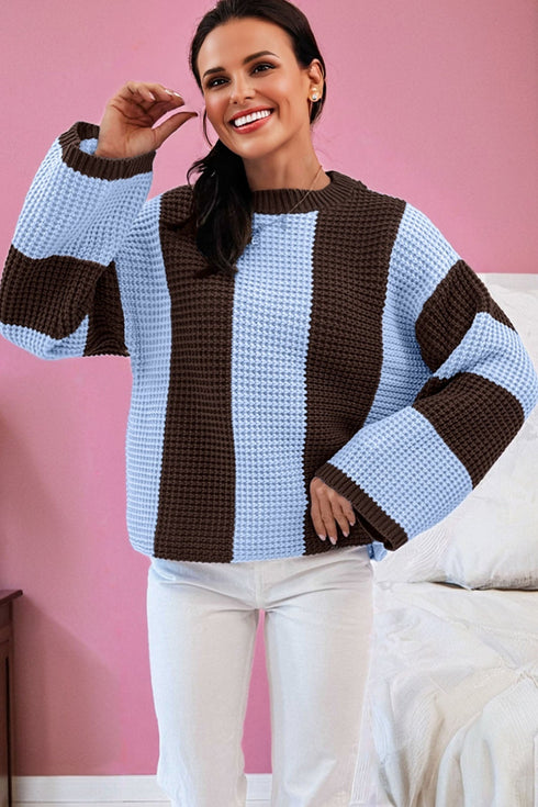 Relaxed Waffle Knit Block Stripe Pullover Sweater