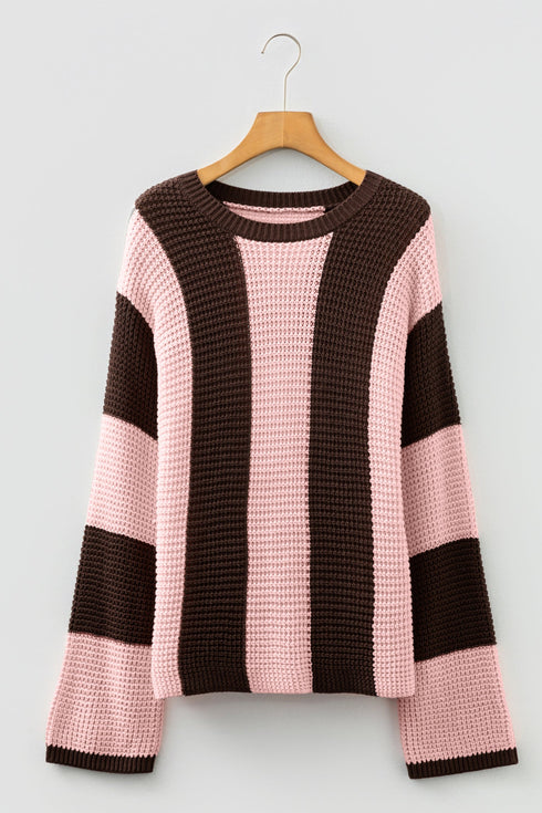Relaxed Waffle Knit Block Stripe Pullover Sweater