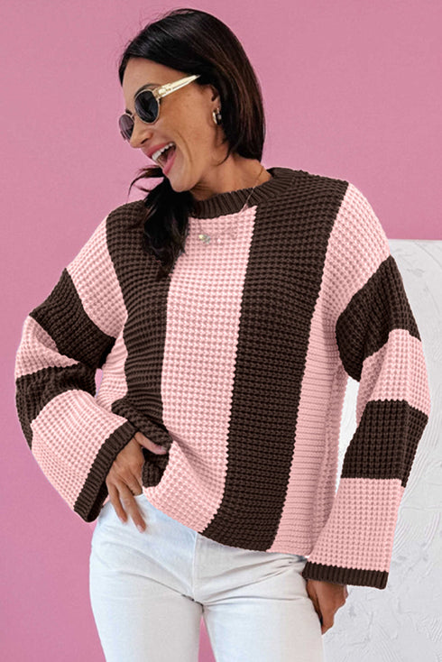 Relaxed Waffle Knit Block Stripe Pullover Sweater