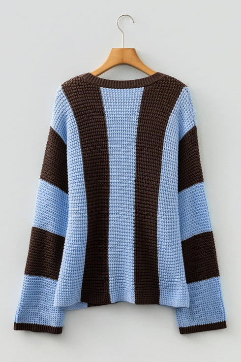 Relaxed Waffle Knit Block Stripe Pullover Sweater