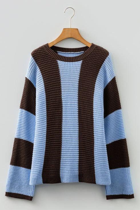 Relaxed Waffle Knit Block Stripe Pullover Sweater
