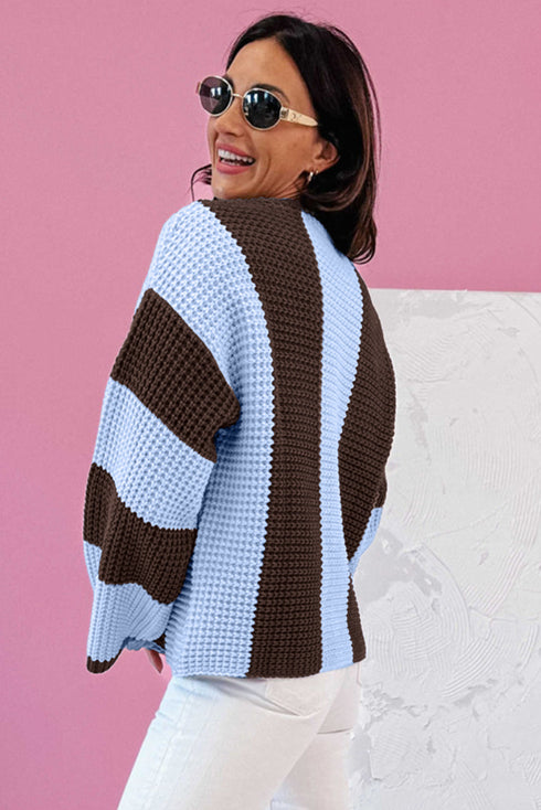 Relaxed Waffle Knit Block Stripe Pullover Sweater