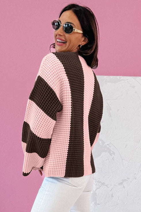Relaxed Waffle Knit Block Stripe Pullover Sweater