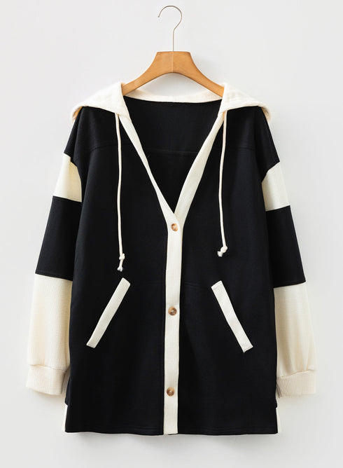 Relaxed Waffle Knit Button Front Hooded Cardigan