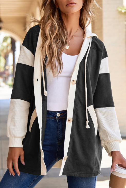 Relaxed Waffle Knit Button Front Hooded Cardigan