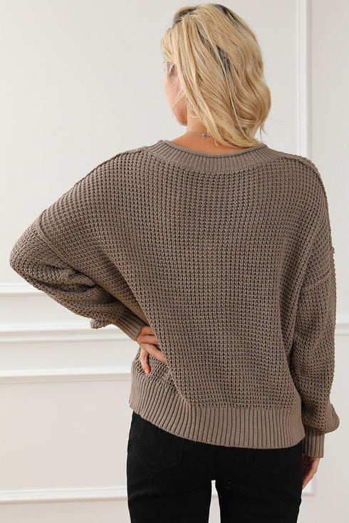 Relaxed Waffle Knit Button Front Long Sleeve Sweater