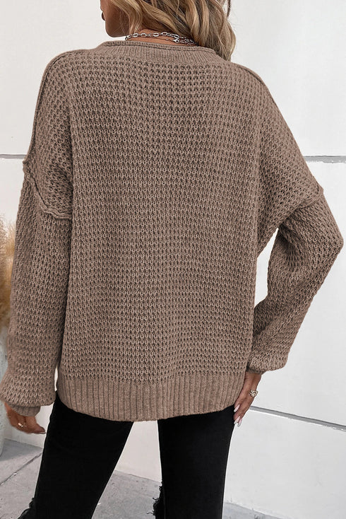 Relaxed Waffle Knit Button Front Long Sleeve Sweater