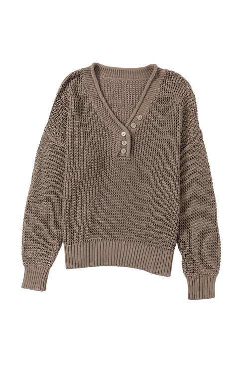 Relaxed Waffle Knit Button Front Long Sleeve Sweater
