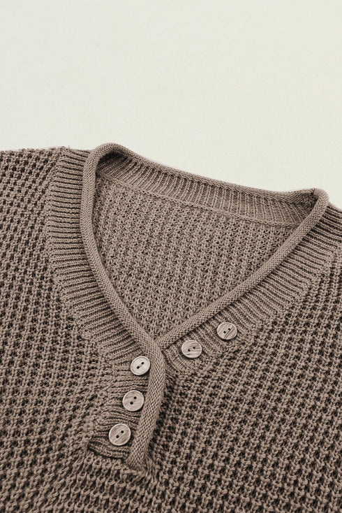Relaxed Waffle Knit Button Front Long Sleeve Sweater