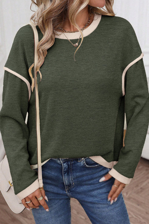 Relaxed Waffle Knit Contrast Trim Pullover Sweater