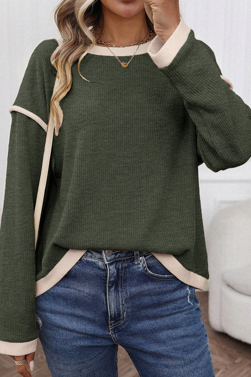 Relaxed Waffle Knit Contrast Trim Pullover Sweater