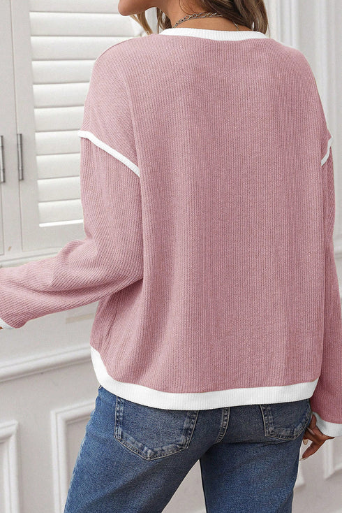 Relaxed Waffle Knit Contrast Trim Pullover Sweater