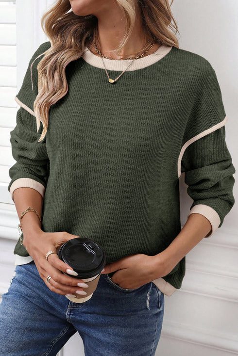 Relaxed Waffle Knit Contrast Trim Pullover Sweater