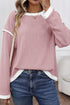 Relaxed Waffle Knit Contrast Trim Pullover Sweater