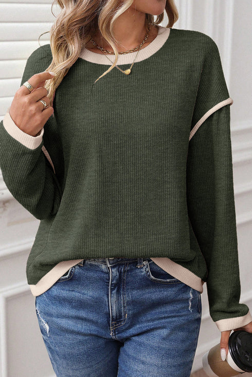 Relaxed Waffle Knit Contrast Trim Pullover Sweater