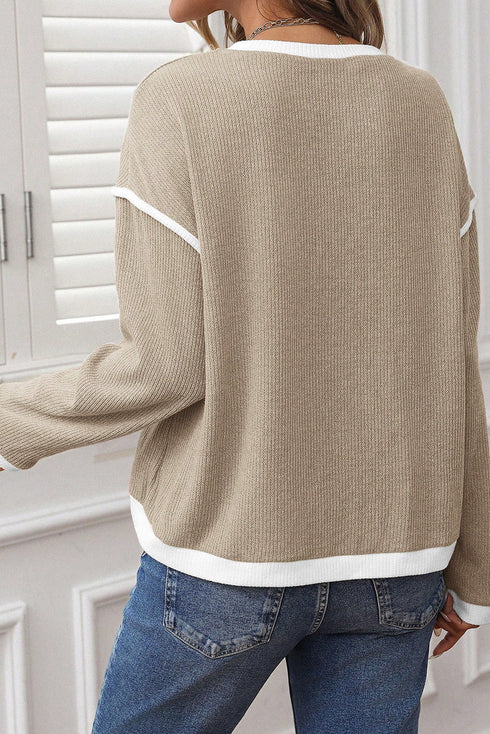 Relaxed Waffle Knit Contrast Trim Pullover Sweater
